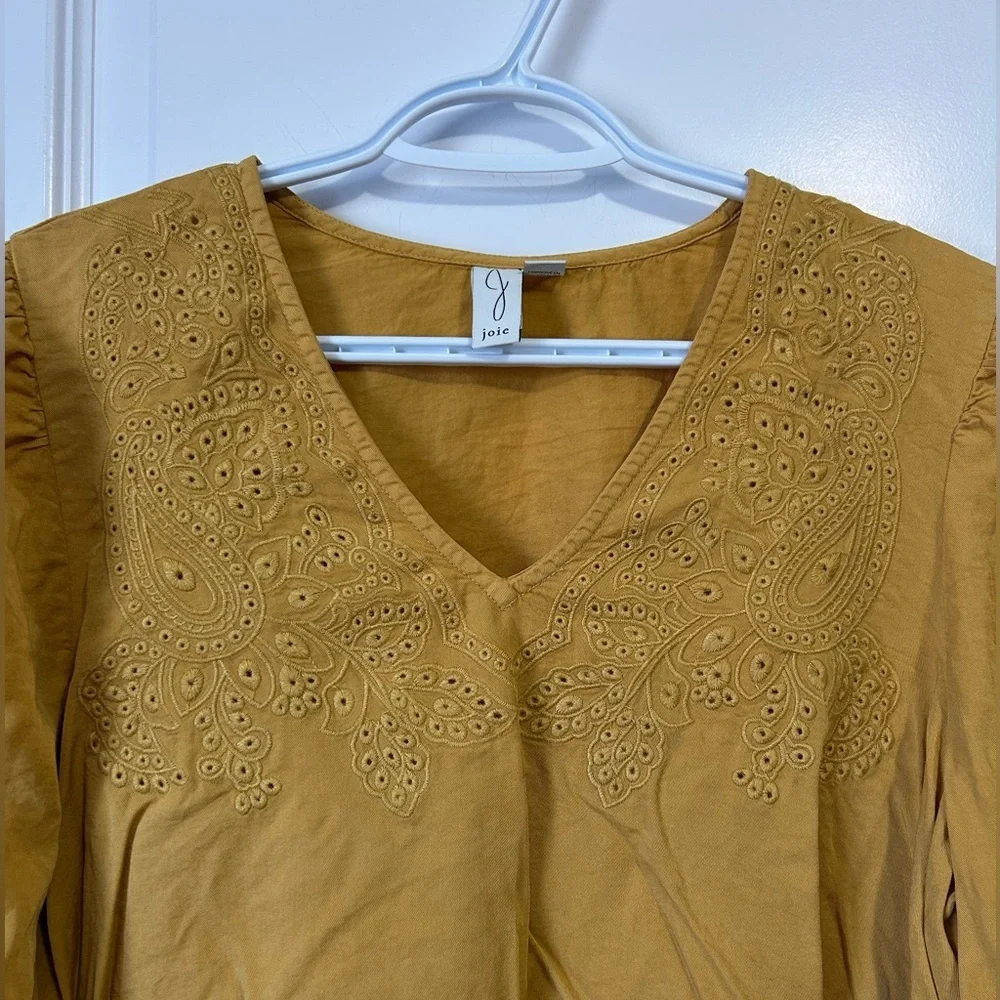 Joie Mustard Embroidered Blouse with Puff Sleeves Button Cuffs - Picture 2 of 10